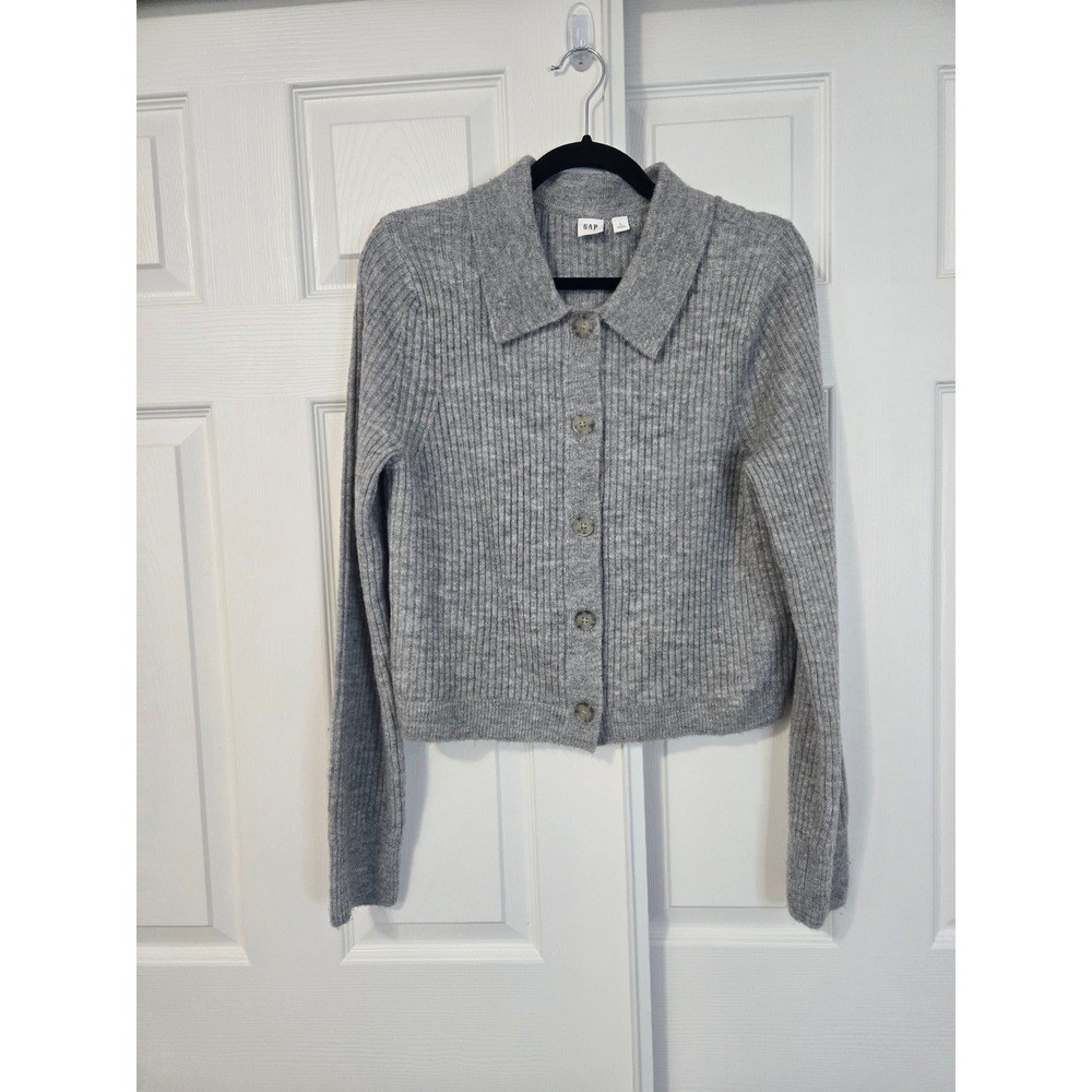 Gap Womens Ribbed Knit Cardigan Sweater Gray Collared Button Front Long Sleeve L